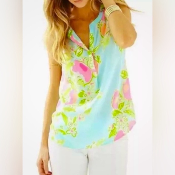Lilly Pulitzer Stacey Floral Sleeveless Blouse - Blue and Pink, 100% Silk, XXS - Picture 14 of 14